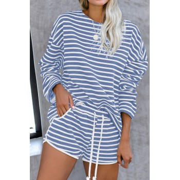 Blue Striped Lounge Long Sleeves Shorts Set Gray